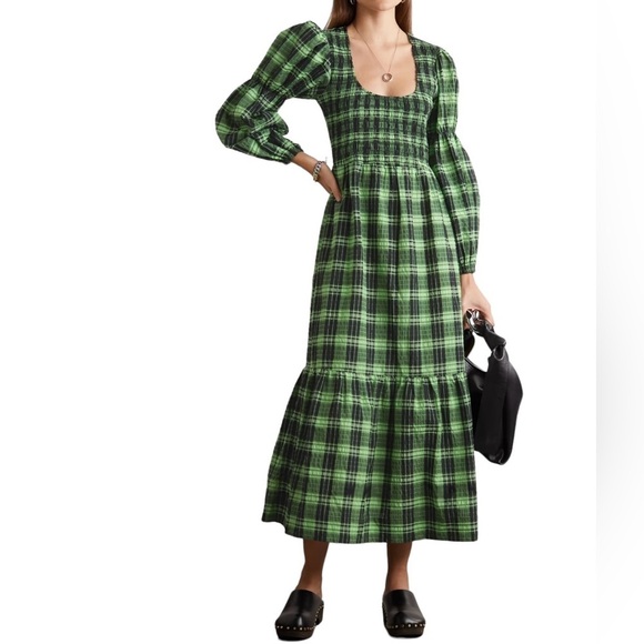 GANNI Seersucker Tiered Check Midi Dress Women in Peapod Green and Black Size 2 - Picture 16 of 16